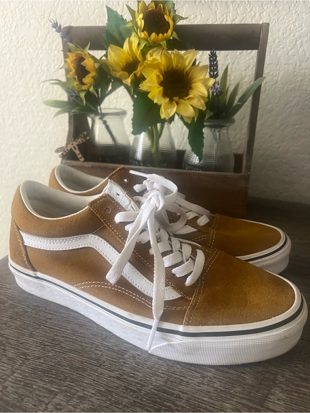 Vans Low-Top Suede Sneakers in Tan and White
